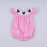 Pink character hand smocked dot ruffle bubble - Aaria Tees