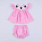 Pink character hand smocked dot ruffle bloomer set - Aaria Tees