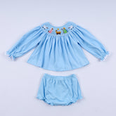 Blue nativity hand smocked bloomer set - Aaria Tees