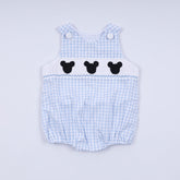 Blue character hand smocked gingham bubble - Aaria Tees