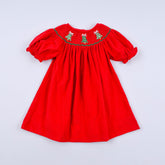 Red christmas tree hand smocked dress - Aaria Tees
