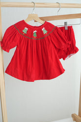 Red christmas tree hand smocked bloomer set - Aaria Tees