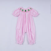 Pink christmas tree hand smocked ruffle romper - Aaria Tees