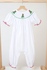 White chrismtas tree hand smocked girl romper - Aaria Tees