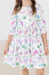 Dino Darling 3/4 Sleeve Pocket Twirl Dress - Aaria Tees