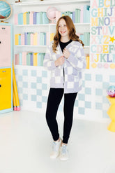 Lavender Checker Bow Cozy Cardigan - Aaria Tees