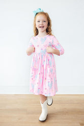 Little Miss Chickie 3/4 Sleeve Pocket Twirl Dress - Aaria Tees