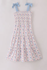 Blue floral bow print smocked mom dress - Aaria Tees