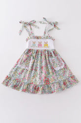 Floral print bunny embroidery smocked girl dress - Aaria Tees
