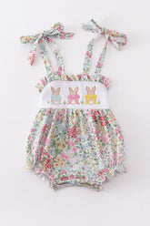Floral print bunny embroidery smocked girl bubble - Aaria Tees