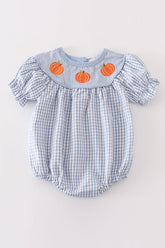 Blue woven check pumpkin embroidery girl bubble - Aaria Tees