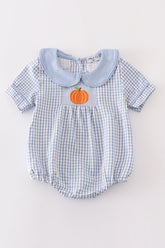 Blue woven check pumpkin embroidery boy bubble - Aaria Tees