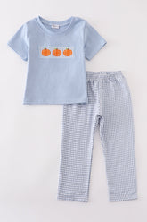 Blue woven check pumpkin embroidery boy set - Aaria Tees