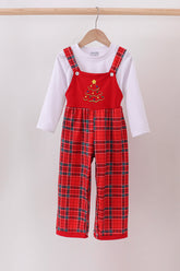 Red tree embroidery plaid jumpsuit set - Aaria Tees