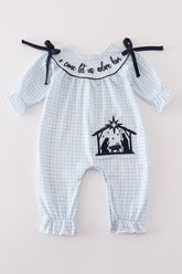 Navy plaid nativity embroidery girl romper - Aaria Tees