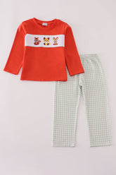 Fox embroidery gingham pants set - Aaria Tees