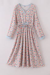 Pink&blue floral print women dress - Aaria Tees