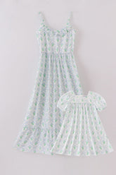 Green leaves bow print mom&me dress - Aaria Tees