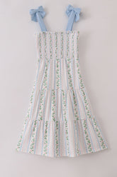 Blue floral print smocked women dress - Aaria Tees