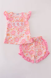 Pink Floral Ruffle Shorts Set - Aaria Tees