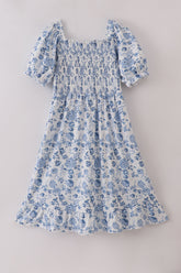 Blue smocked floral print mom dress - Aaria Tees