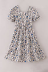 Blue vintage floral print tiered mom dress - Aaria Tees