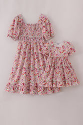 Purple floral print ruffle mom&me dress - Aaria Tees
