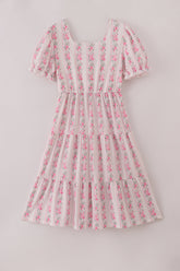 Pink floral print tiered mom dress - Aaria Tees