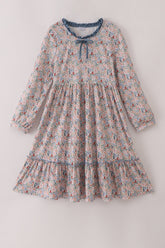 Blue floral print ruffle mom dress - Aaria Tees