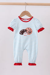 Blue stripe sports trio applique romper - Aaria Tees