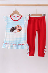 Blue stripe sports Trio applique ruffle pants set - Aaria Tees