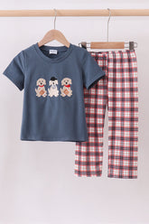 Navy puppy football applique pants set - Aaria Tees