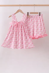 Pink floral print bow ruffle shorts set - Aaria Tees