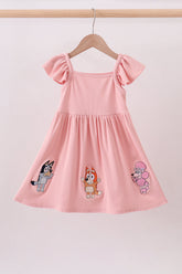 Pink character embroidery flutter sleeve dress - Aaria Tees