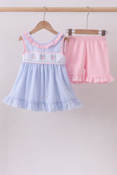 Blue Crab Embroidered Seersucker Ruffle Shorts Set - Aaria Tees