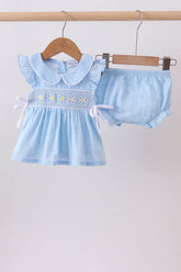 Blue floral smocked jacquard ruffle bloomer set - Aaria Tees