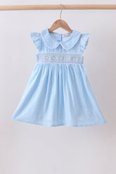 Blue floral smocked jacquard ruffle dress - Aaria Tees