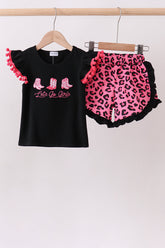Black let's go girl boots leopard ruffle shorts set - Aaria Tees