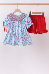Blue bow smocked ruffle shorts set - Aaria Tees