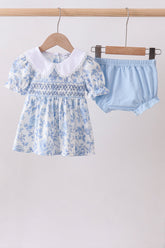 Blue rose smocked bloomer set - Aaria Tees