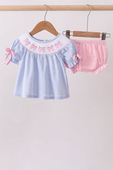 Blue bow smocked bloomer set - Aaria Tees
