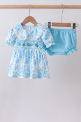 Blue rose smocked bloomer set - Aaria Tees