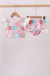 Pink floral patchwork ruffle 2pc swimsuit - Aaria Tees
