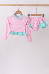 Pink sailboat print ruffle rashguard set - Aaria Tees