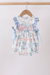 Blue Floral Smocked Ruffle Bubble - Aaria Tees