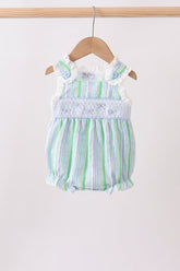 Green Stripe Smocked Bow Seersucker Bubble - Aaria Tees