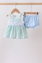 Green Stripe Smocked Bow Seersucker Bloomer Set - Aaria Tees