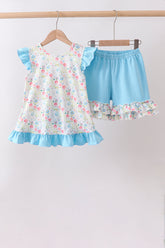 Blue Floral Ruffle Set - Aaria Tees