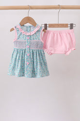 Green Floral Smocked Bloomer Set - Aaria Tees