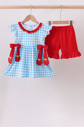 Blue Apple Appliqué Gingham Ruffle Set - Aaria Tees